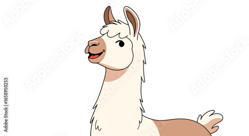 Charming cartoon llama portrait in neutral tones, illustration of a friendly cartoon style llama posing against a plain white backdrop, suitable for