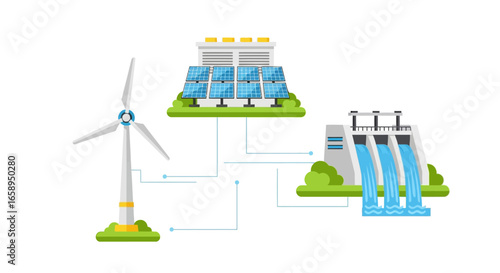 Sustainable power sources integration showcasing wind turbine, solar panels and hydroelectric dam for eco-friendly electricity production