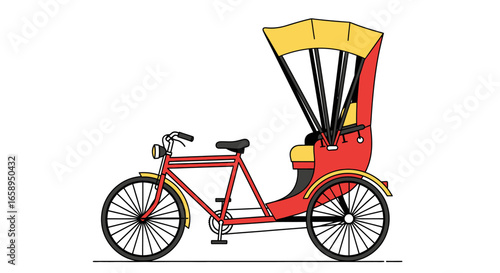 Colorful Illustration of a Hand-Pulled Rickshaw with a Protective Canopy Against a Clean White Background, Showcasing Traditional Transportation