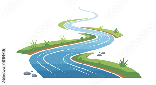 Stylized winding river illustration amidst lush green landscapes in a simplistic cartoon aesthetic design for digital media purposes