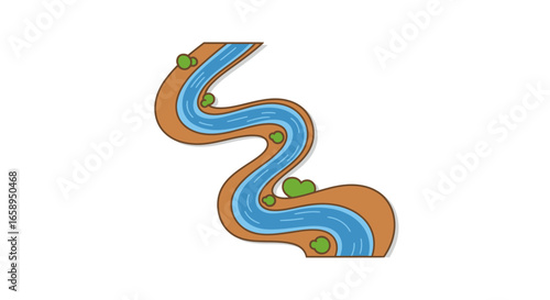 Stylized winding river illustration on a plain backdrop showcasing riparian vegetation and watercourse depiction with a cartoon aesthetic