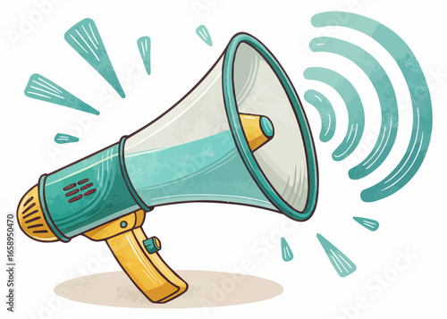 Illustration of a teal and white megaphone with sound waves emanating to the right side of the image