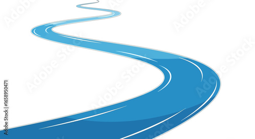 Illustration depicting a winding blue road on a clean white backdrop, representing journeys, pathways and forward movement with dynamic vector lines