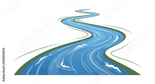 Flowing serpentine river illustration with gentle waves meandering through a green landscape vista of winding aquatic course