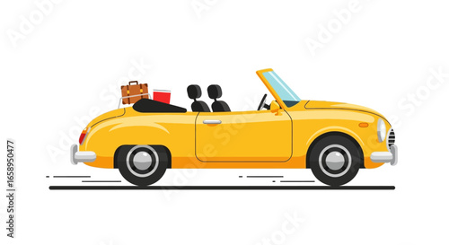 Retro yellow cabriolet with luggage on a background of clear sky embodying freedom and summer adventure in graphic style