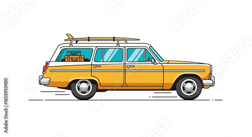 Vintage station wagon adventure with surfboard ready for a classic coastal getaway road trip experience filled with sunny vibes and summer fun