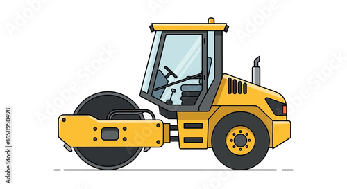 Illustration depicting a yellow road roller with detailed elements on a white background indicating construction and infrastructure projects