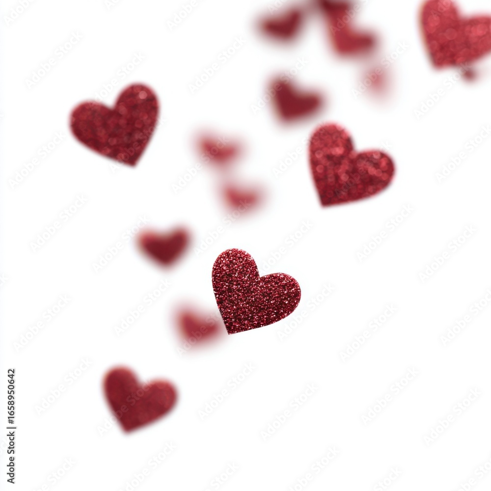 Fototapeta premium Red glitter hearts floating on white background