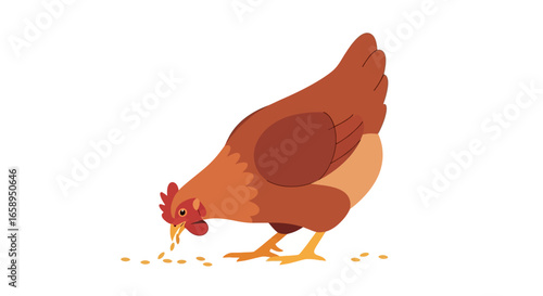 Illustration of a stylized hen pecking grains, set against a plain white background, emphasizing rural themes and simple farm life portrayal