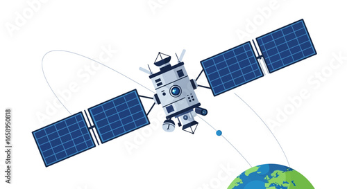 Illustration of an orbiting communication satellite sending signal to earth from space exploration concept showcasing scientific achievements