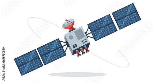 Whimsical rendition of an artificial orbiting satellite equipped with expansive solar arrays for energy generation