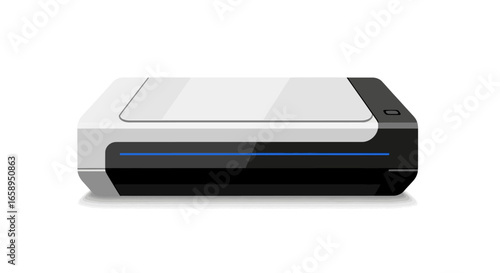 Sleek scanner design in white and black tones, with a vibrant blue line, suitable for office and graphic design concepts showcasing modern technology