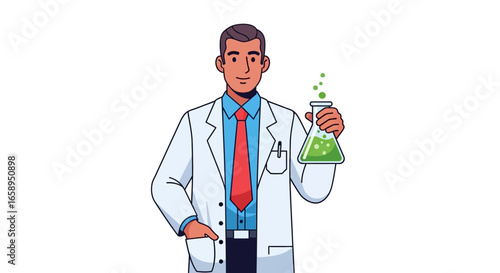 Scientist Holding a Flask with Green Liquid Conducting Chemical Research in a Laboratory Setting Illustrating Innovation and Scientific Discovery
