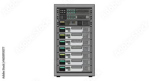 Illustrated server rack hosting infrastructure for cloud computing and network data processing applications depicting technological hardware equipment