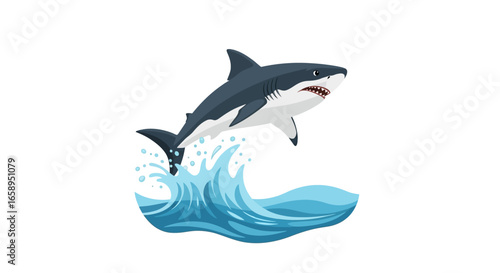 Animated predatory shark emerging from ocean waves in cartoon style, perfect for wildlife themed visuals and children's entertainment projects