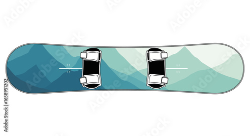 Minimalist Snowboard Design Featuring Mountain Silhouette in Gradient Blues and Greens Ready for Winter Adventures and Snowboarding Sports Recreation