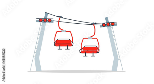 Stylized illustration depicting two red ski lift chairs suspended between support towers on a white background for promotional materials or travel