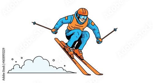 Cartoon skier executing an aerial trick with snow cloud visual elements creating dynamic artwork for winter sports themes