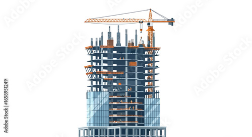 Construction in progress: A high-rise building under construction with a prominent crane on a bright white background, captured in a detailed