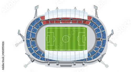 Elevated view of a vivid and colorful stylized soccer arena and football field brimming with anticipation for an upcoming game