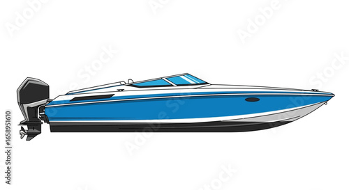 Illustrative rendering showcases a sleek blue and white speedboat design on a bright white background, capturing dynamic maritime essence