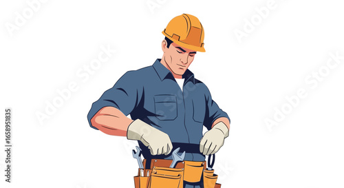 Cartoon Construction Worker Arranging Tool Belt Equipment on a White Background
