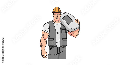 Cartoon Construction Worker Carrying Sack with Safety Helmet and Vest