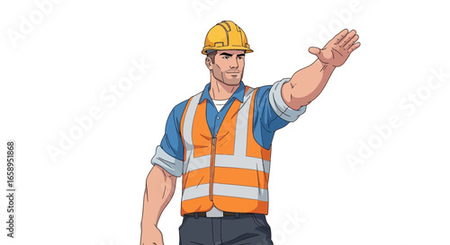 Cartoon Construction Worker Directing Traffic with an Open Palm Gesture