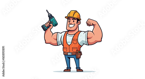 Cartoon Construction Worker Flexing Biceps While Holding a Power Drill