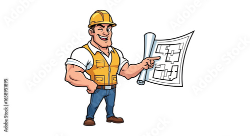 Cartoon construction worker examining blueprints with a confident wink