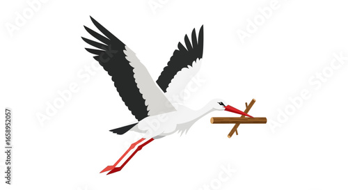 Stork delivering building materials for nest creation, a symbol of new beginnings and home construction, simple vector illustration with clean lines