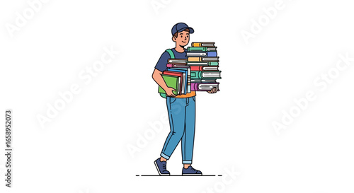 Tired student carrying a huge stack of books, concept of learning and education, illustration with an overworked young man trying to manage academic