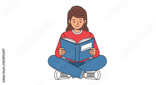 Enthusiastic learner absorbed in her reading material while she's sitting cross-legged with a happy expression on a white background