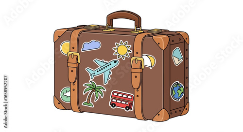 Vintage Suitcase Adorned with Whimsical Travel Stickers Representing Global Adventures and Vacation Memories for Travel-Themed Designs