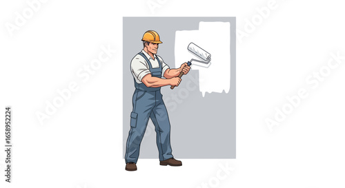 Cartoon Painter Character in Overalls Painting Wall with Roller