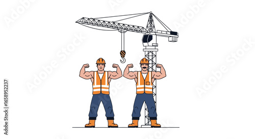 Cartoon muscular construction workers showing their biceps next to a crane