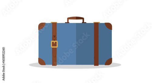 Isolated vector illustration of a vintage blue suitcase with brown straps and accents on a white background representing travel and baggage 77