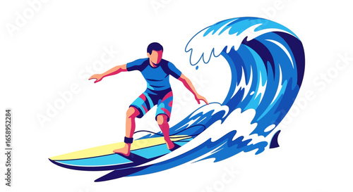 Dynamic Surfer Riding a Blue Wave: A Vibrant Illustration of Summer Adventure and Nautical Excitement