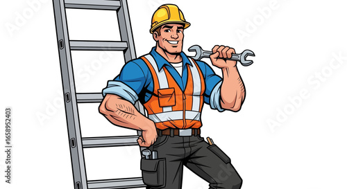 Cartoon tradesman with wrench, industrial construction worker leaning on ladder