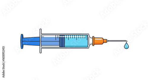 A blue vaccine syringe with a clear liquid, is ready for injection, the concept of medical vector illustration, injection treatment and health care