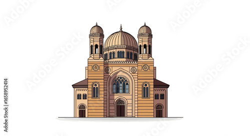 Architectural drawing of a central synagogue showcasing its unique architecture and design with symmetrical facade and domed roof against a blank