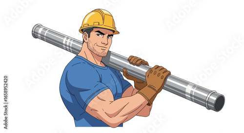 Cartoon worker confidently carrying pipes, showcasing industrial strength and labor