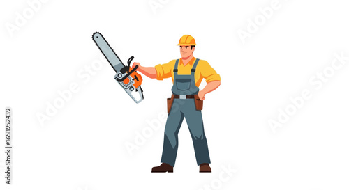 Cartoon Worker Wearing Hard Hat Holding Chainsaw Isolated on White Background