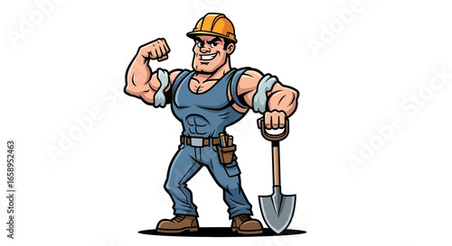 Cartoonish depiction of a muscular construction worker with a shovel