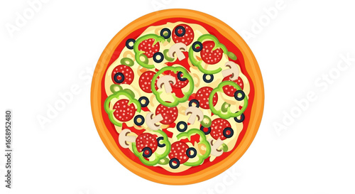 Delicious pepperoni pizza with fresh green bell peppers and mushrooms on a crispy crust represents a satisfying and appetizing meal option