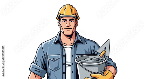 Confident builder carrying cement bucket with tool, wearing safety helmet