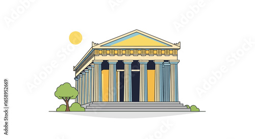 Minimalist architectural rendering of the Parthenon in Athens bathed in bright sunlight in Greece showcasing ancient artistic style