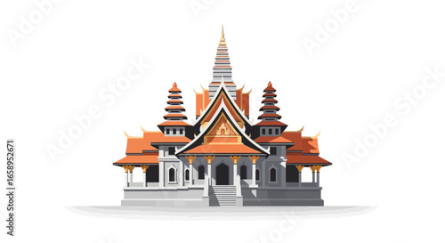 Detailed illustration of a traditional asian temple with orange roofs and gray structures its a majestic architectural marvel on white backdrop