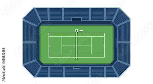 Aerial view of a professional tennis court stadium, showcasing the meticulously crafted green court and the expansive seating arrangement in vector