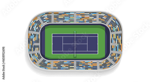 Panoramic view of a tennis arena for sporting events with spectators from the top, designed with geometrical shapes that create a harmonic composition